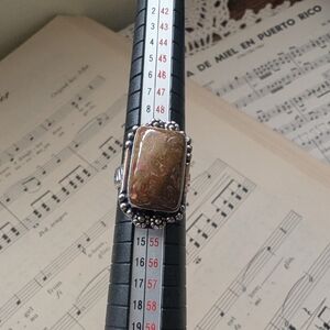 Vintage Style Silvertone and Brown Stone Ring Adjustable
